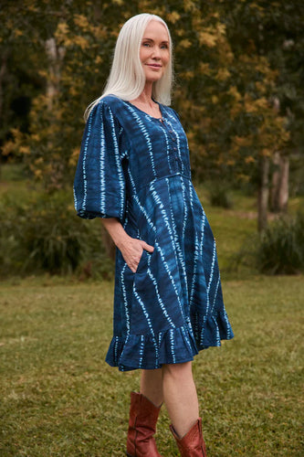 ADRIFT - Bonnie Short Umbrella Dress - SHIBORI ECHO BLUE