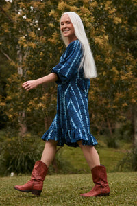ADRIFT - Bonnie Short Umbrella Dress - SHIBORI ECHO BLUE