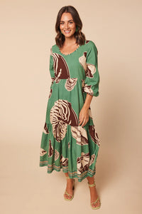 ADRIFT - Sabre Long Sleeve Frill Dress - MORETON GREEN