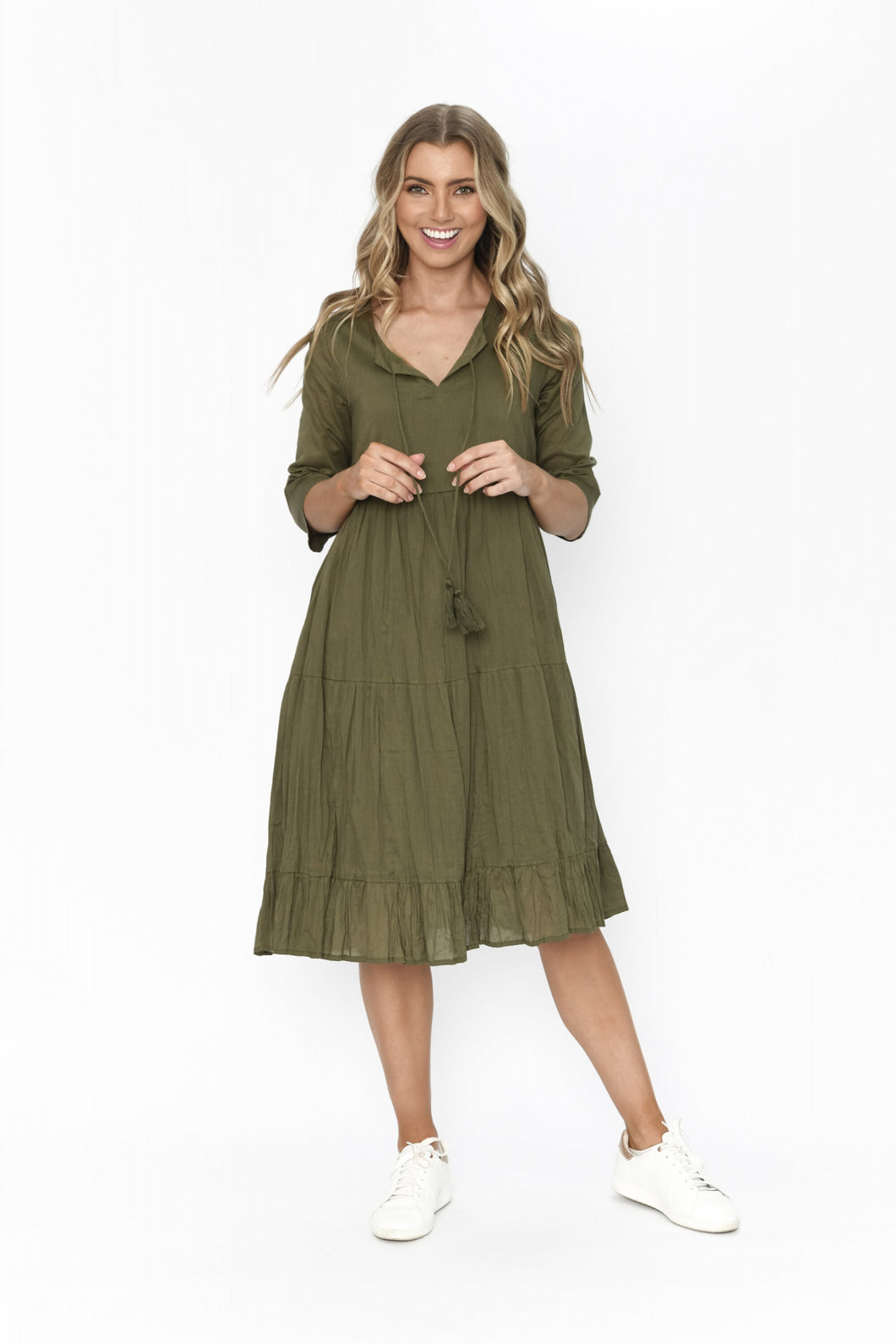 ORIENTIQUE - Amber Dress Solid (Colour) w Lining - OLIVE