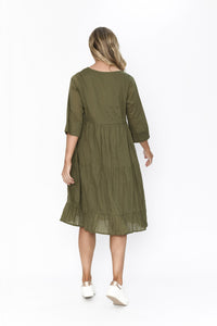 ORIENTIQUE - Amber Dress Solid (Colour) w Lining - OLIVE