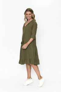 ORIENTIQUE - Amber Dress Solid (Colour) w Lining - OLIVE