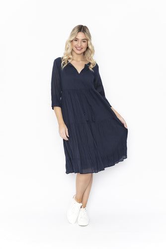 ORIENTIQUE - Amber Dress Solid (Colour) w Lining - NAVY