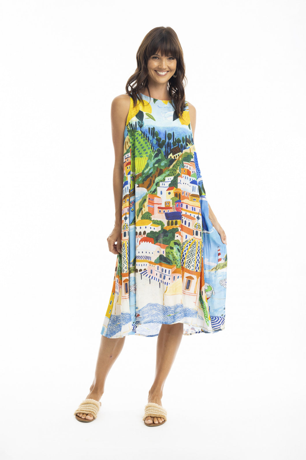 ORIENTIQUE - Kai Midi Dress w Ruched Neckline - AMALFI COAST