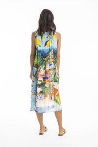 ORIENTIQUE - Kai Midi Dress w Ruched Neckline - AMALFI COAST