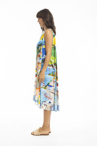 ORIENTIQUE - Kai Midi Dress w Ruched Neckline - AMALFI COAST