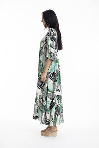 ORIENTIQUE - Papagayo Maxi Peak Dress - WHITE W BLACK & GREEN