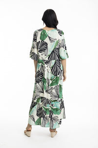 ORIENTIQUE - Papagayo Maxi Peak Dress - WHITE W BLACK & GREEN