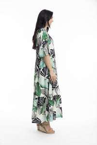 ORIENTIQUE - Papagayo Maxi Peak Dress - WHITE W BLACK & GREEN